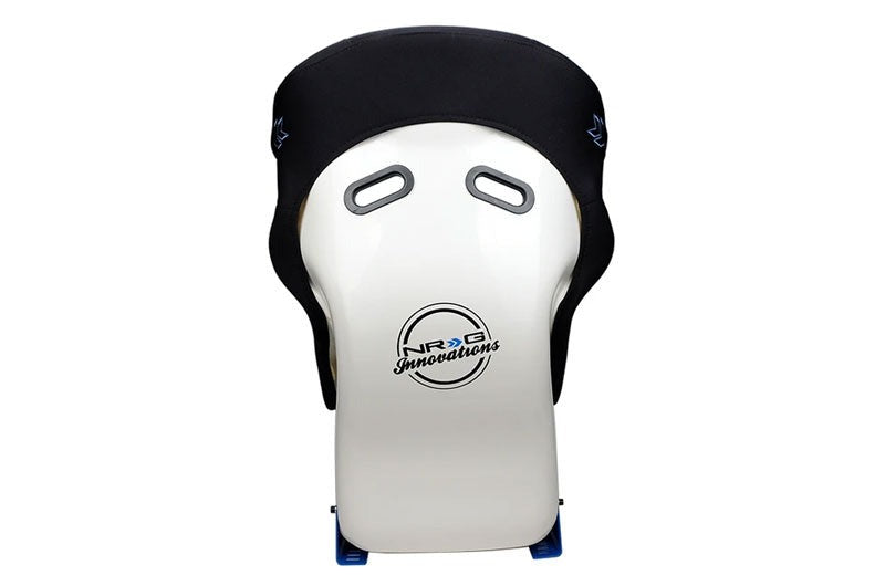 NRG Innovations FRP Bucket Seat - White finish with Arrow Embroidery and Blue Side Mount Bracket - Universal