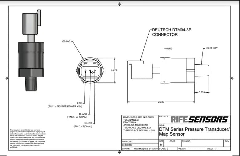 TBM Brakes RIFE 1600 PSI DTM Series Pressure Sensor Transducer 1/8" NPT