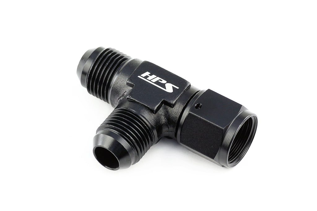 HPS Performance AN Male with AN Female on Run Tee Fitting Adapter, Aluminum, Black