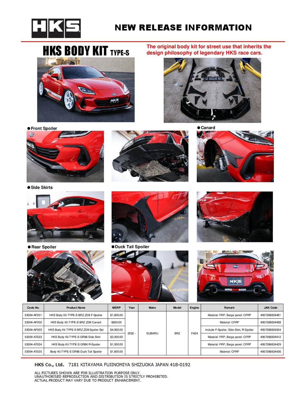 HKS TYPES Complete Body Aero Kit - 2022-2023 Subaru BRZ