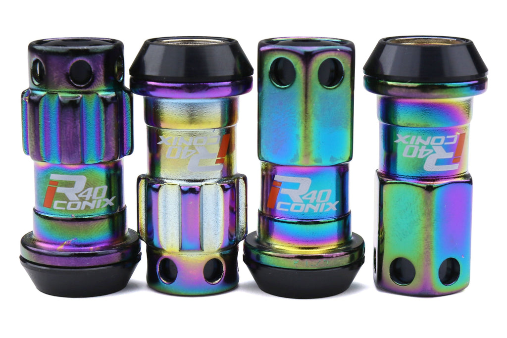 Project Kics R40 Iconix 12x1.25 Neo Chrome Lug Nuts w/ Locks and Black Caps - Universal
