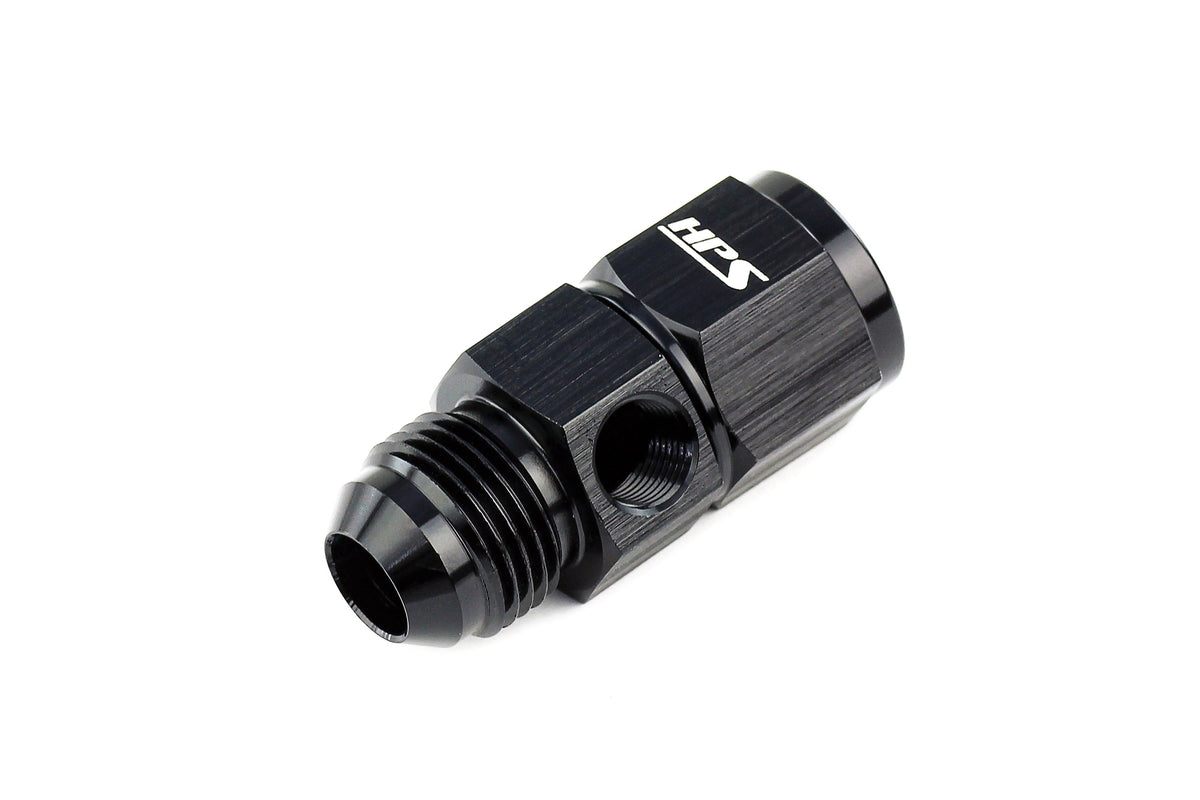 HPS Performance AN Male to Female Fuel Pressure Gauge Adapter with 1/8" NPT Female Port, Aluminum, Black