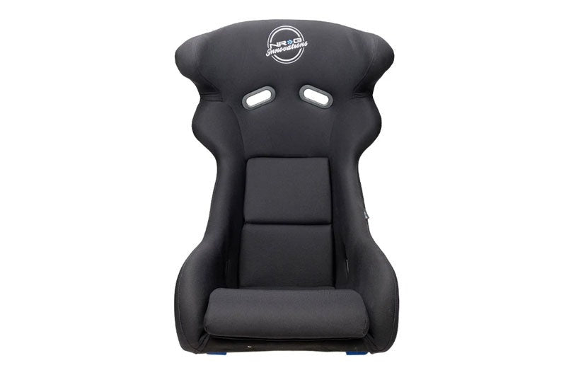NRG Innovations FRP Bucket Seat - White finish with Arrow Embroidery and Blue Side Mount Bracket - Universal