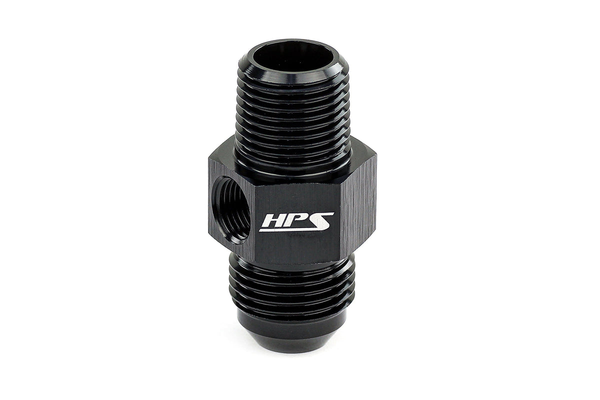 HPS Performance AN Male to NPT Male Adapter with 1/8" NPT Female Port, Aluminum, Black