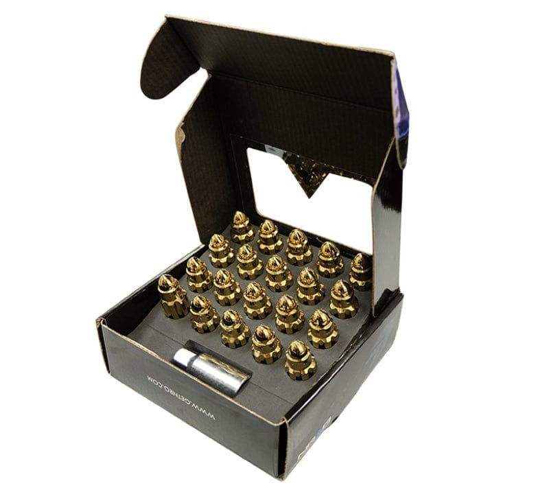 NRG 500 Series M12 X 1.5 Bullet Shape Steel Lug Nut Set - 21 Pc w/Lock Key - Chrome Gold