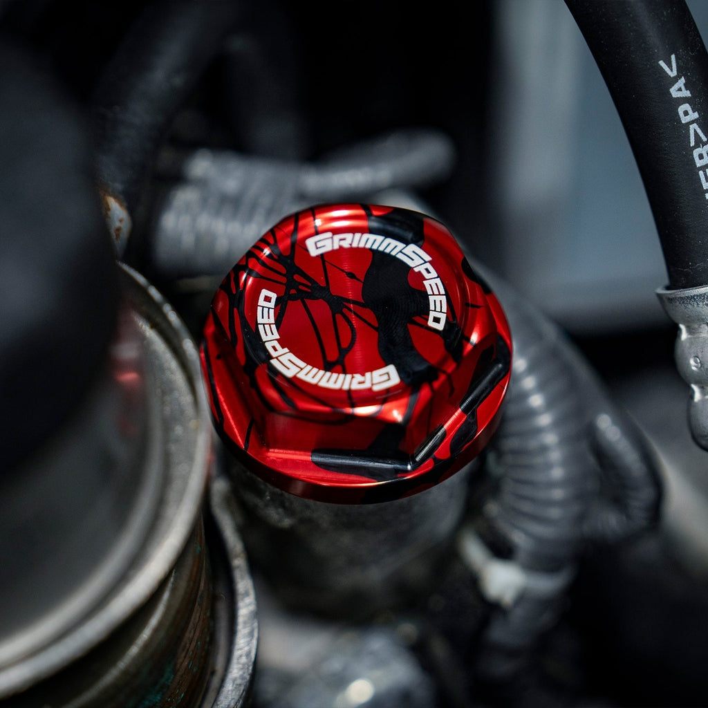 GrimmSpeed V2 Bolt Oil Cap - Splatter Red & Black - Subaru Universal