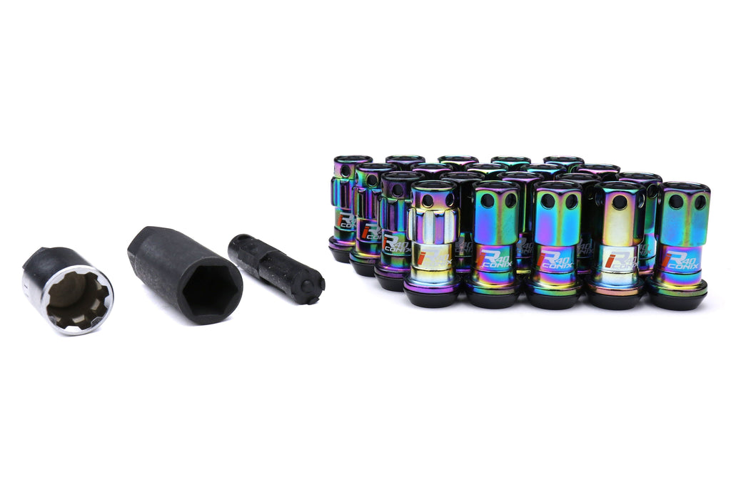 Project Kics R40 Iconix 12x1.25 Neo Chrome Lug Nuts w/ Locks and Black Caps - Universal