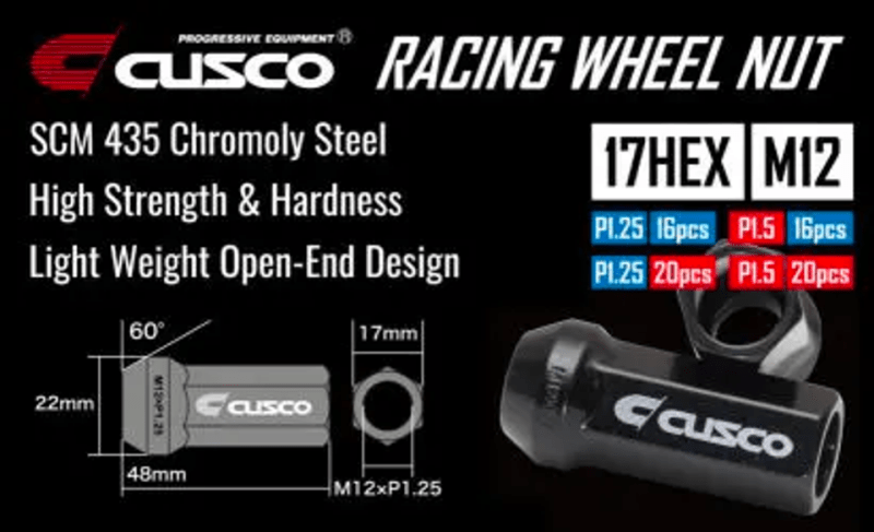 Cusco Universal Wheel Lug Nut Set M12 x P1.5mm - Black (16pcs)