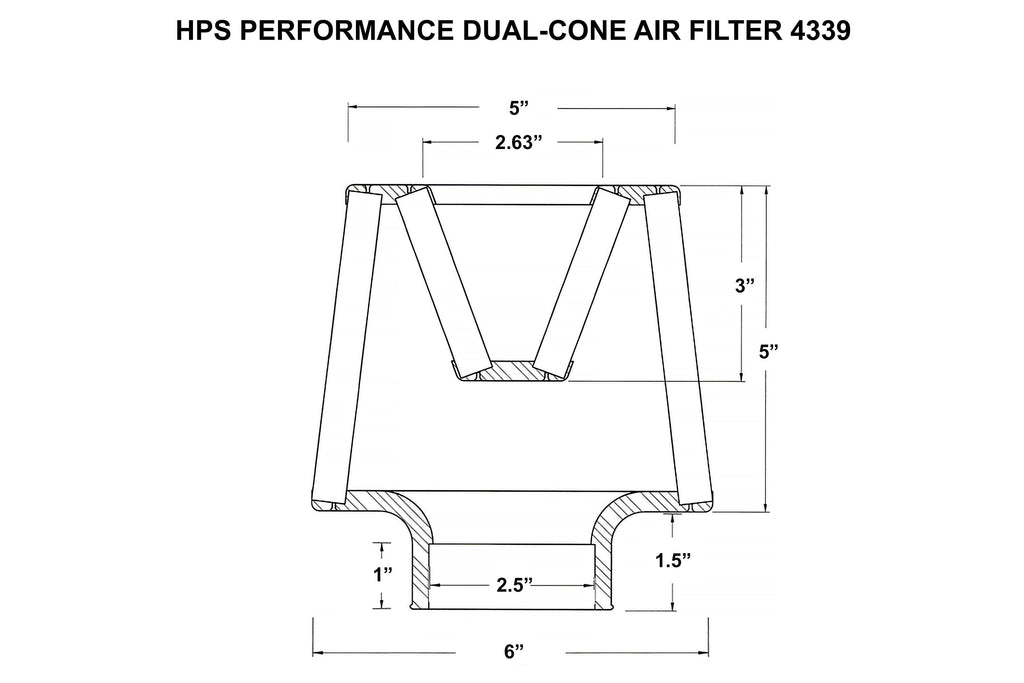 HPS Performance 2.5" Open Top Dual Cone Air Filter, 6.5" Length, HPS-4339