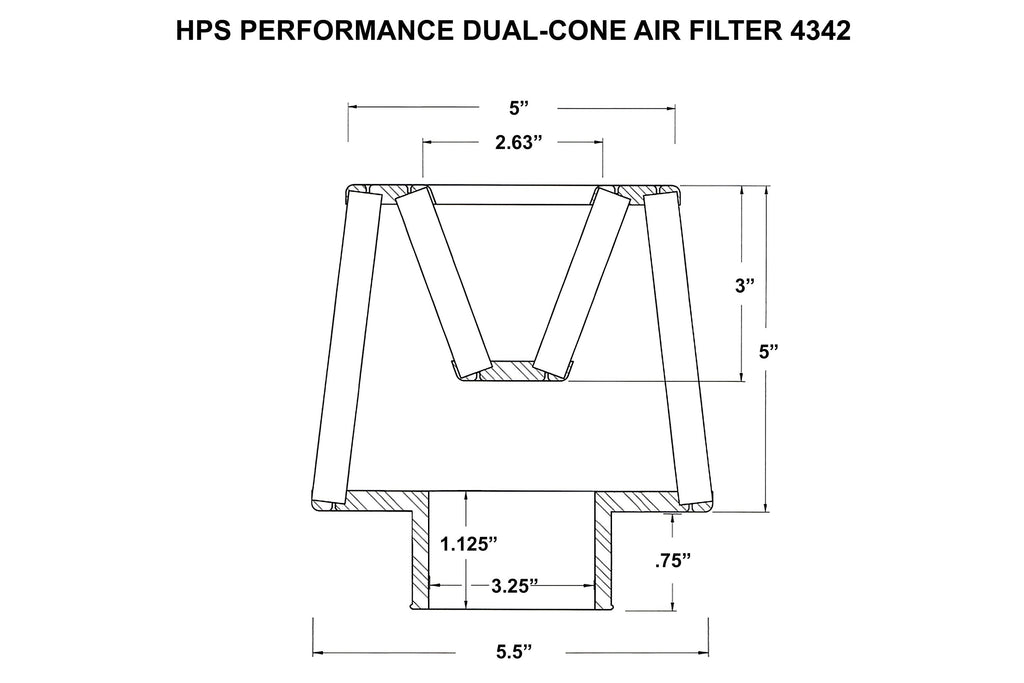 HPS Performance 3.25" Open Top Dual Cone Air Filter, 5.75" Length, HPS-4342