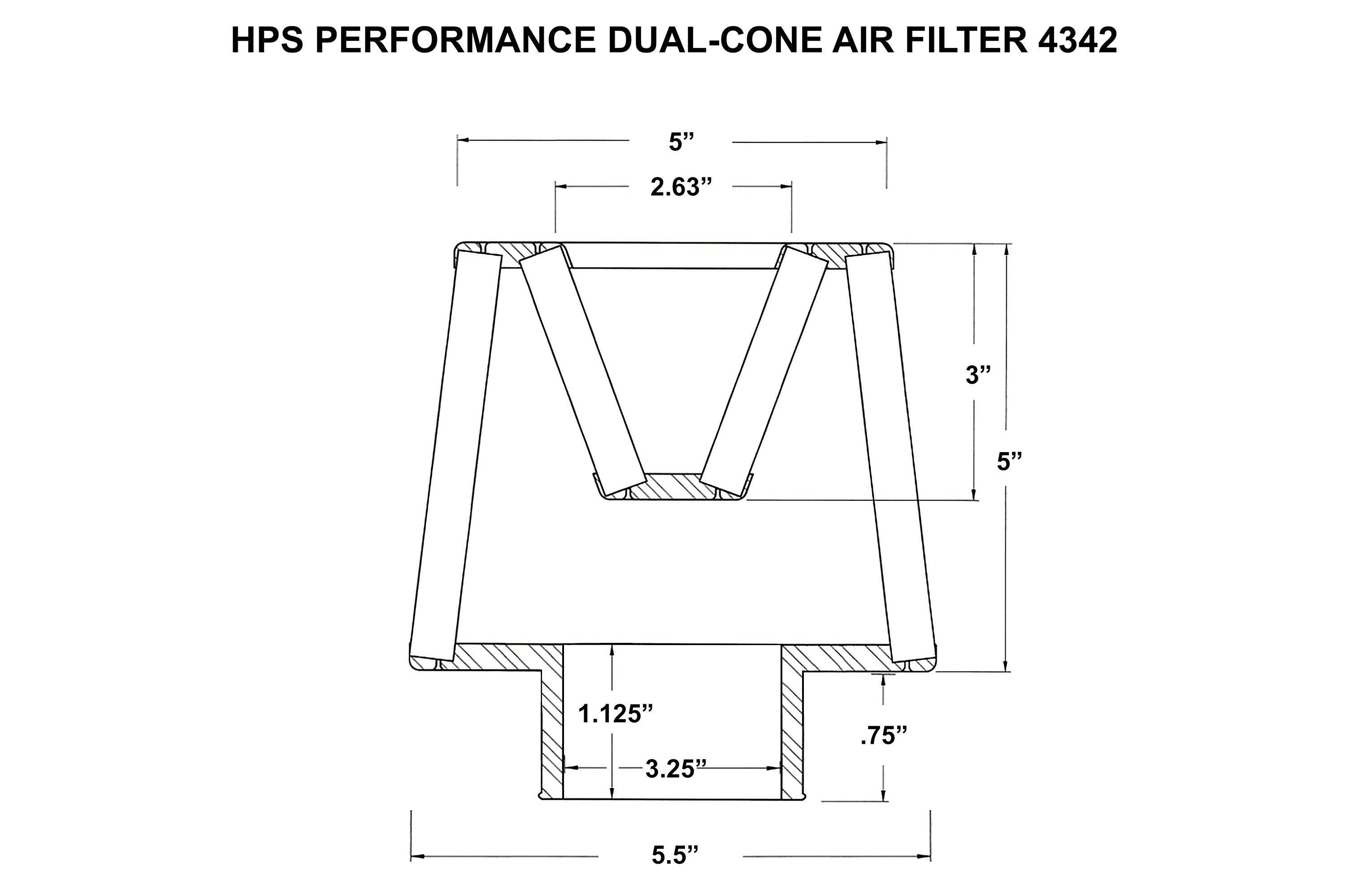 HPS Performance 3.25" Open Top Dual Cone Air Filter, 5.75" Length, HPS-4342