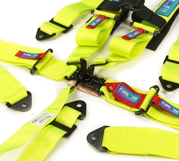 NRG Innovations SFI 16.1 5pt 3 inch Seat Belt Harness with pads / Latch Link - Neon Green 12/22