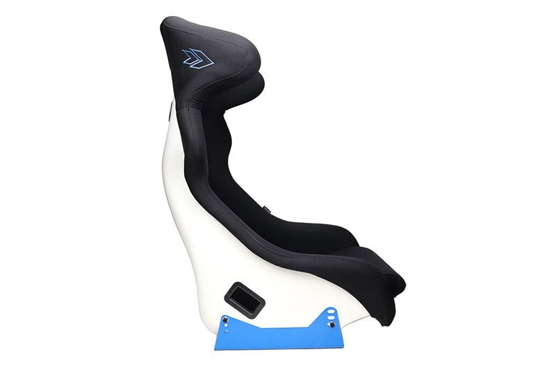 NRG Innovations FRP Bucket Seat - White finish with Arrow Embroidery and Blue Side Mount Bracket - Universal