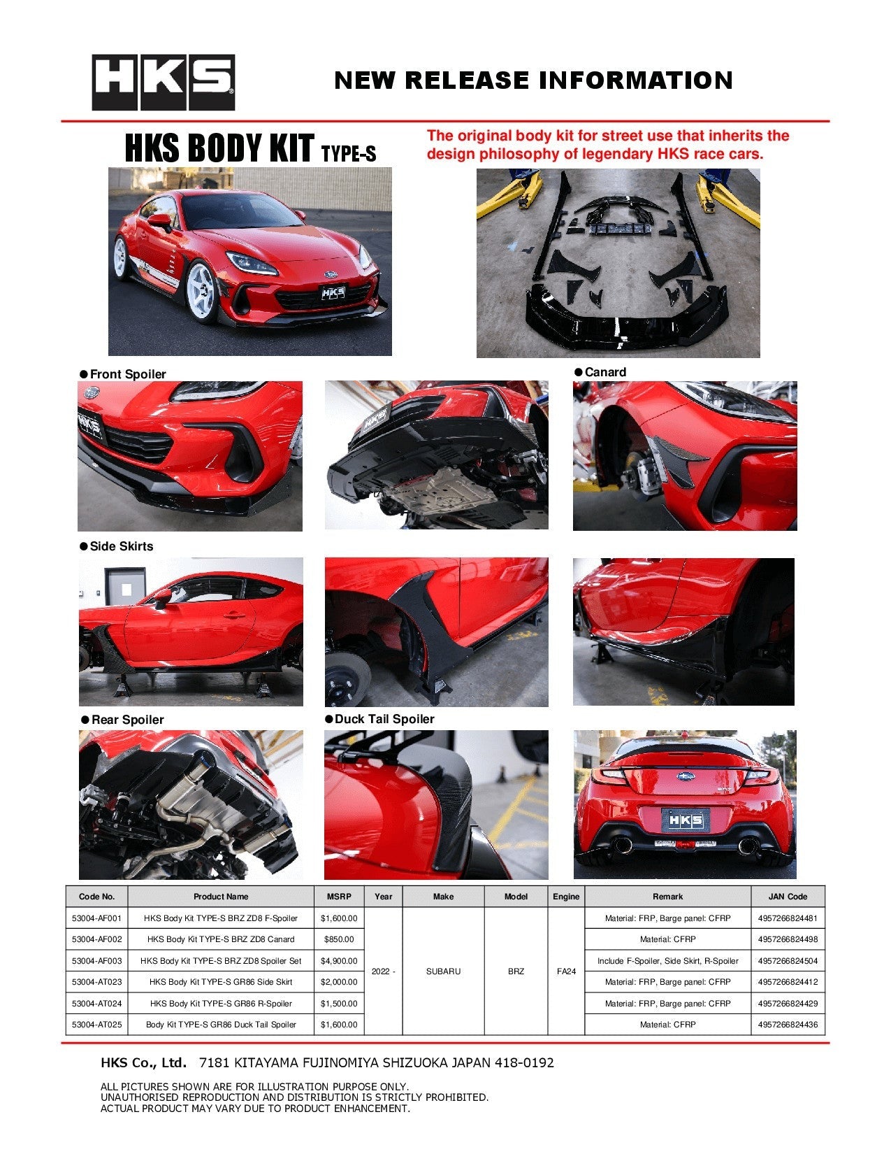 HKS TYPES Complete Body Aero Kit - 2022-2023 Subaru BRZ