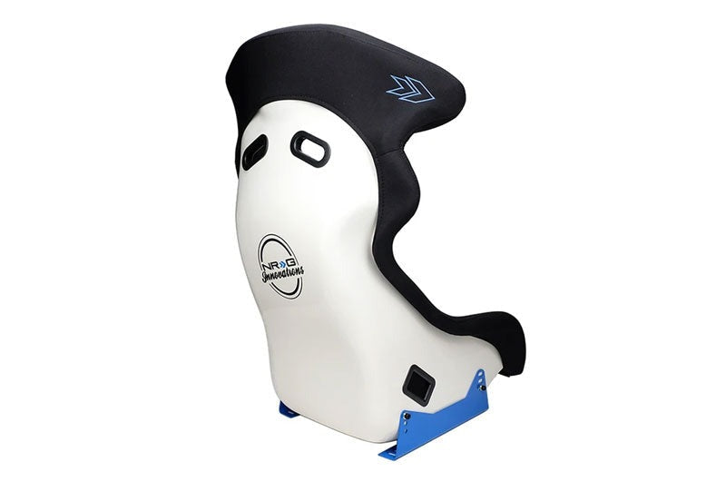NRG Innovations FRP Bucket Seat - White finish with Arrow Embroidery and Blue Side Mount Bracket - Universal