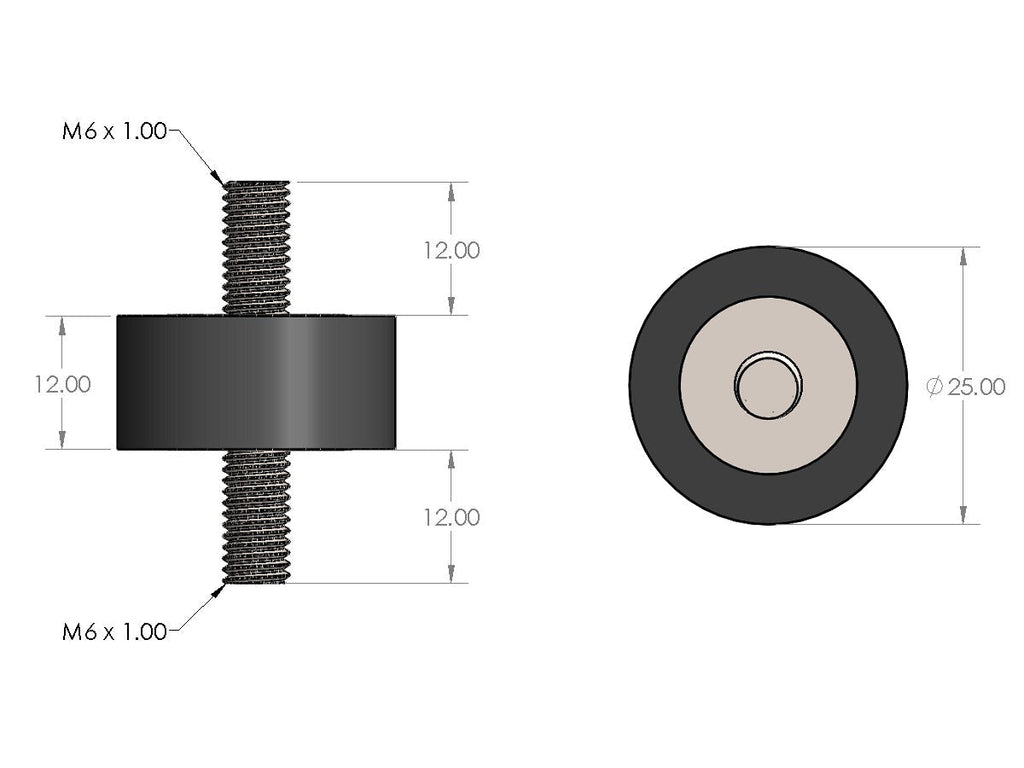 HPS M6 Rubber Vibration Mount, 1/2" Tall, Male to Male, HW-RM6-050