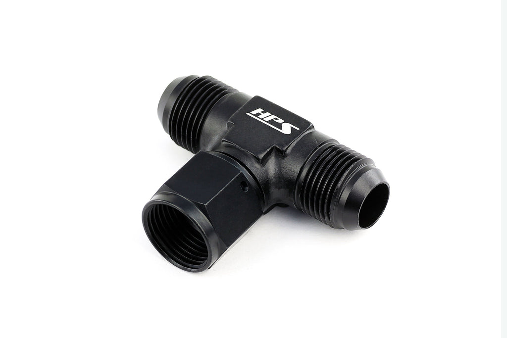 HPS Performance AN Male Tee with AN Female Swivel on Side Fitting Adapter, Aluminum, Black