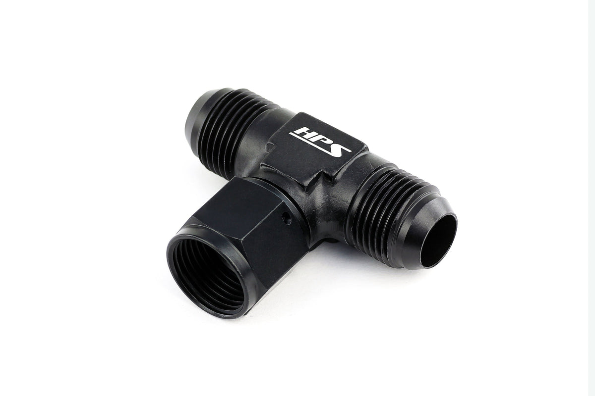HPS Performance AN Male Tee with AN Female Swivel on Side Fitting Adapter, Aluminum, Black